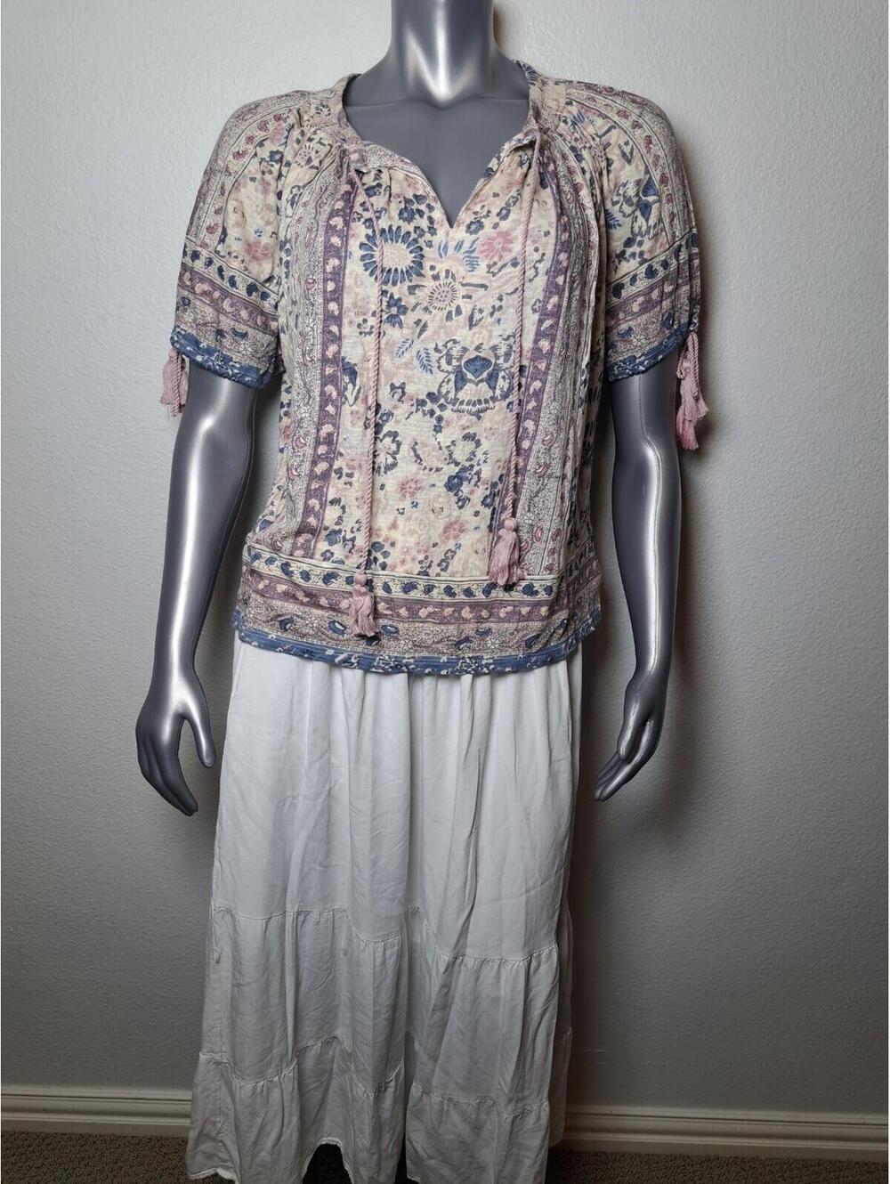 Lucky Brand Womens Blouse M Multicolor Patchwork Print Sheer V-Neck